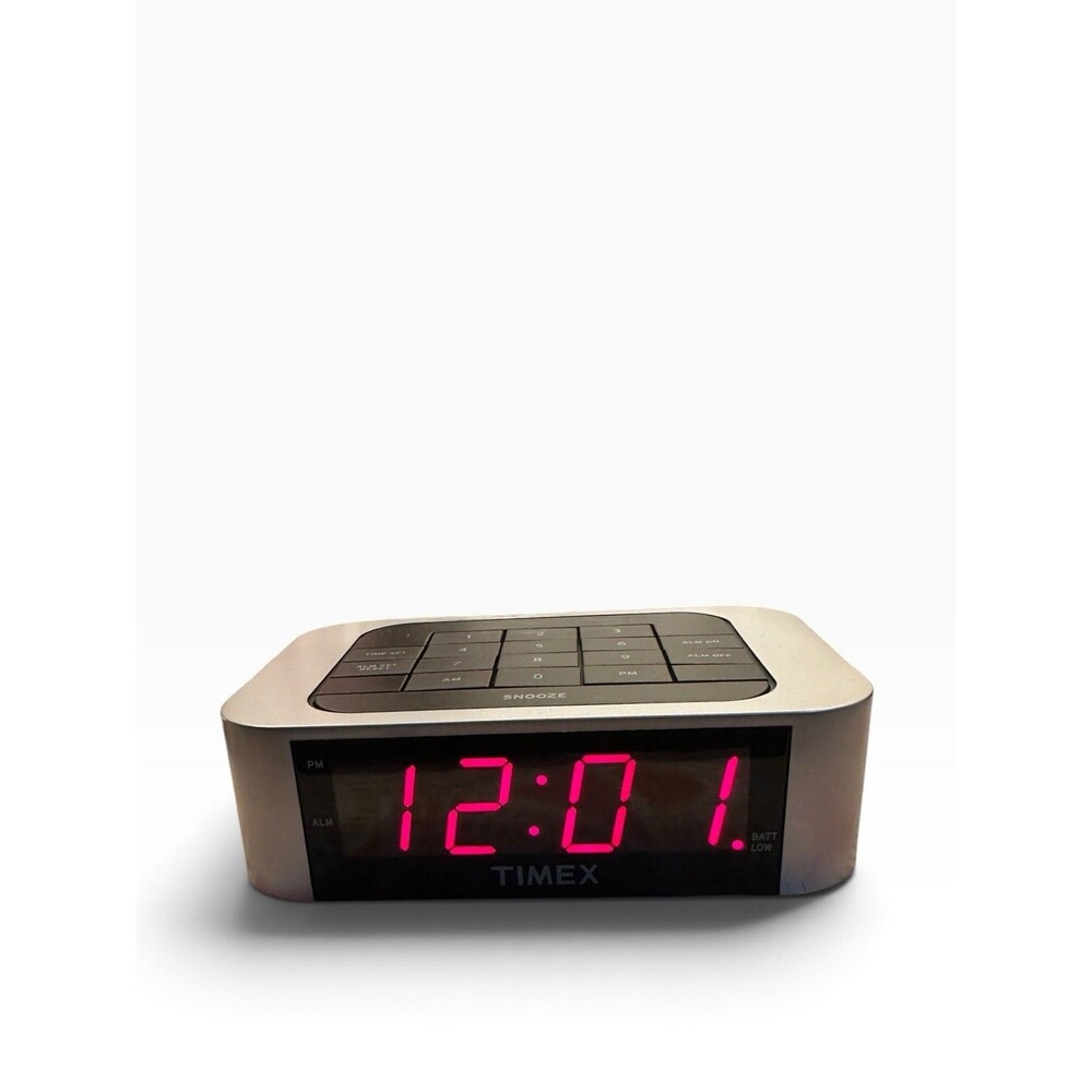 Timex T123S Digital Alarm Clock Silver Battery Backup Tested Working